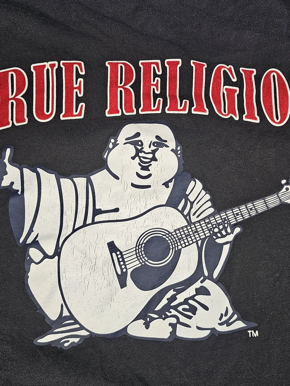 True Religion Buddha Graphic T Shirt Mens 3XL Black Short Sleeve Logo Tee Repair